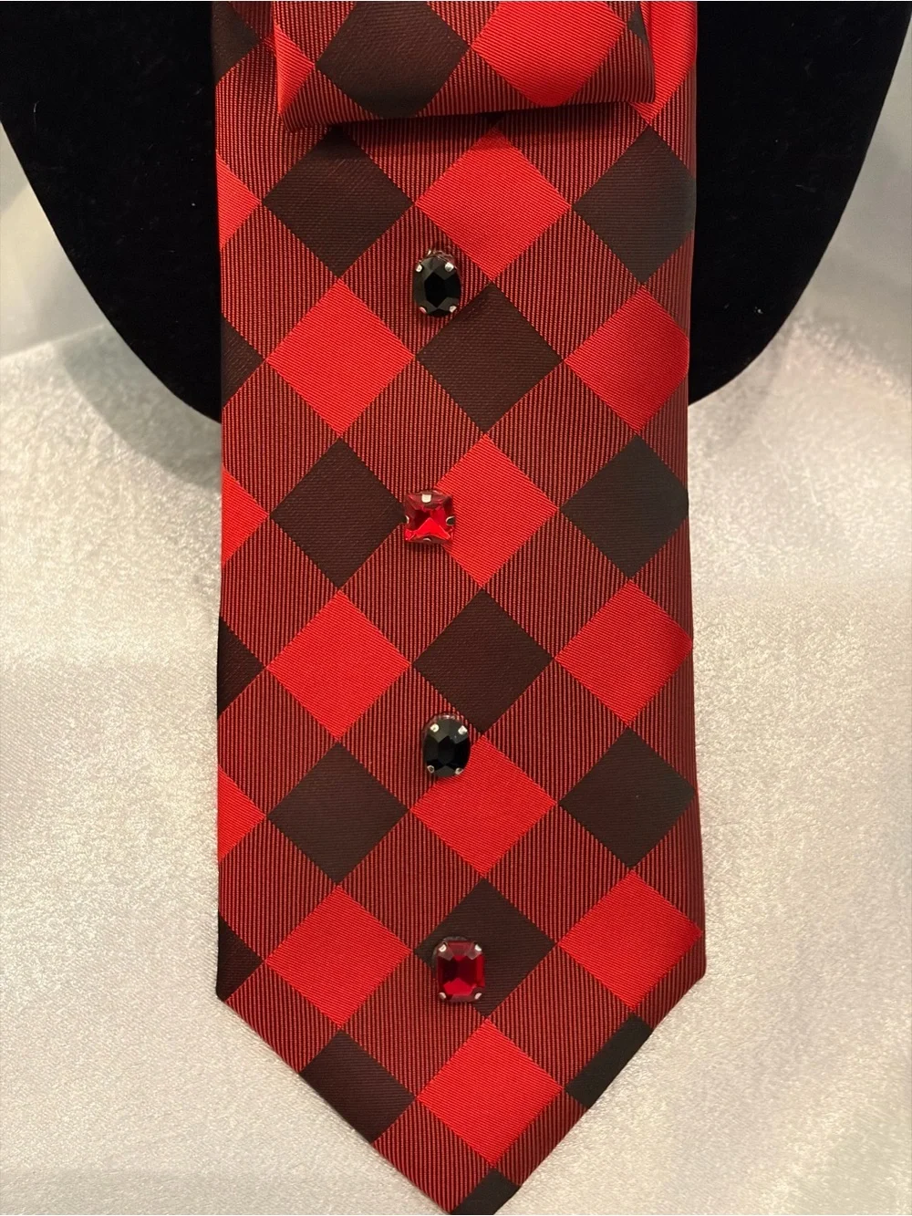 Women’s  Red and Black Plaid Necktie with Gray Floral Accent